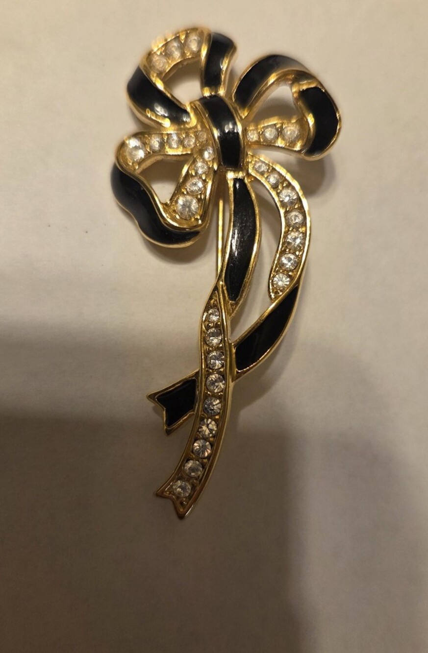 Vintage Gold-Tone Black Enamel & Rhinestone Bow Brooch
